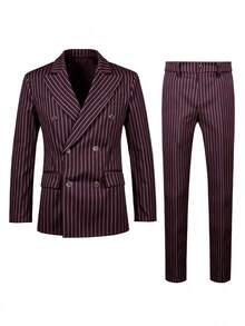 2pcs Men's Slim Fit Striped Double-Breasted Suit Set, Includes Jacket And Pants, Suitable For Business, Commute, Wedding, Party, Formal Occasions, Valentine's Day Gift - Burgundy - View 4
