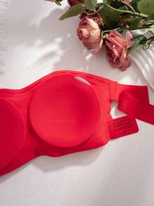 女士圣诞红无钢圈文胸，性感单肩设计，防滑侧扣，可拆卸垫，交叉后背，无肩带 - 紅色 - 查看 7
