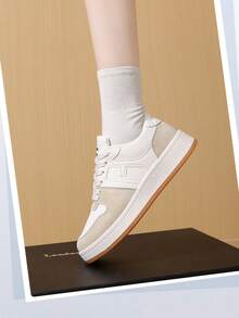 Net Surface Leather Upper Patchwork Dad ShoesWomen's Fashion Casual Sneakers - Breathable & Comfortable, Low-Top Lace-Up Running Shoes With Striped Design, Versatile For All Seasons, Available In White/Green, Light Pink/Blue, Black/White, And Dark Blue/Blackbasket Femmechaussure Femmebaskets Femmes - Khaki - View 4