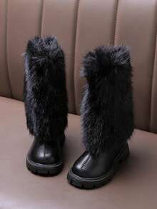 1 Pair Black Tall Snow Boots For Girls, Soft & Comfortable Rabbit Fur PU Fabric Plush Lining, Back Zipper Design Round Toe Soft Sole, Fashion High-Top Boots Suitable For 3-12 Years Old Female Students, Party, Performance, Campus, Skiing, Autumn/Winter New - Black - View 7