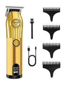 HIENA 3 PiecesMen's Haircut & Grooming Set, Bronze Wireless Hair Clipper With Guard, Precision Dual-Blade Shaver With LED Display, Elegant Engraving, Perfect Home Companion - Gold - View 3