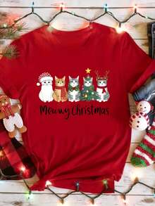 Camiseta Elegante de Manga Corta para Mujer - Estampado de Árbol de Navidad y Copos de Nieve, Blusa Casual Blanca Opaca para Fiestas Navideñas y Atuendos Informales, Ropa Lavable a Máquina para Verano, Primavera e Invierno - Rojo - Ver 2