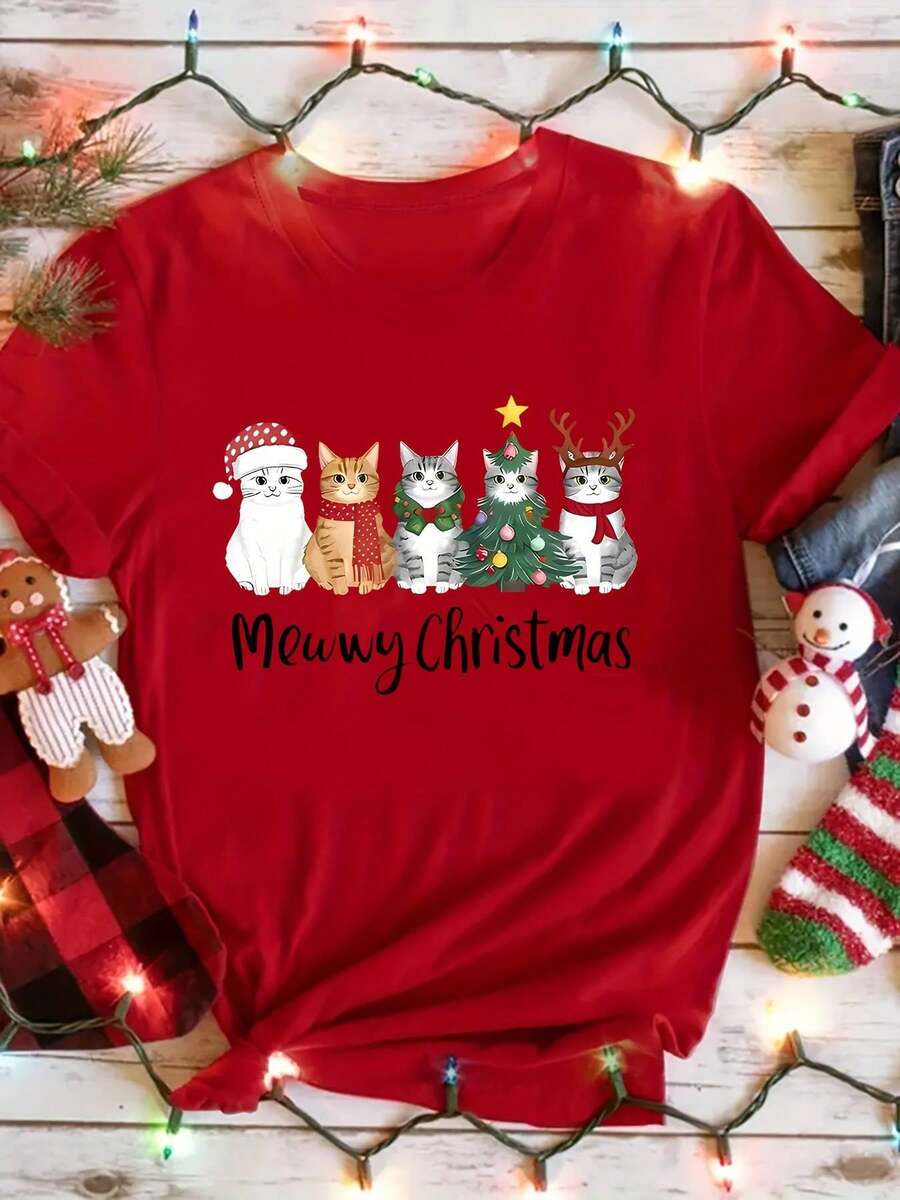 Camiseta Elegante de Manga Corta para Mujer - Estampado de Árbol de Navidad y Copos de Nieve, Blusa Casual Blanca Opaca para Fiestas Navideñas y Atuendos Informales, Ropa Lavable a Máquina para Verano, Primavera e Invierno