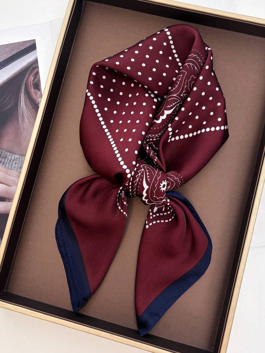 1pc Women's Luxury Chain Print Bandana Scarf, 70*70cm, Spring Accessory Suitable For Daily Wear For Dress - Burgundy - View 1