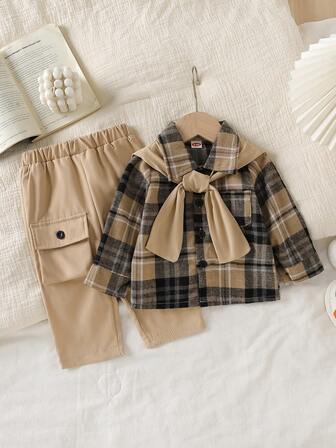 幼儿男童时尚休闲可爱服装 - 格子简约衬衫 + 口袋简约休闲裤