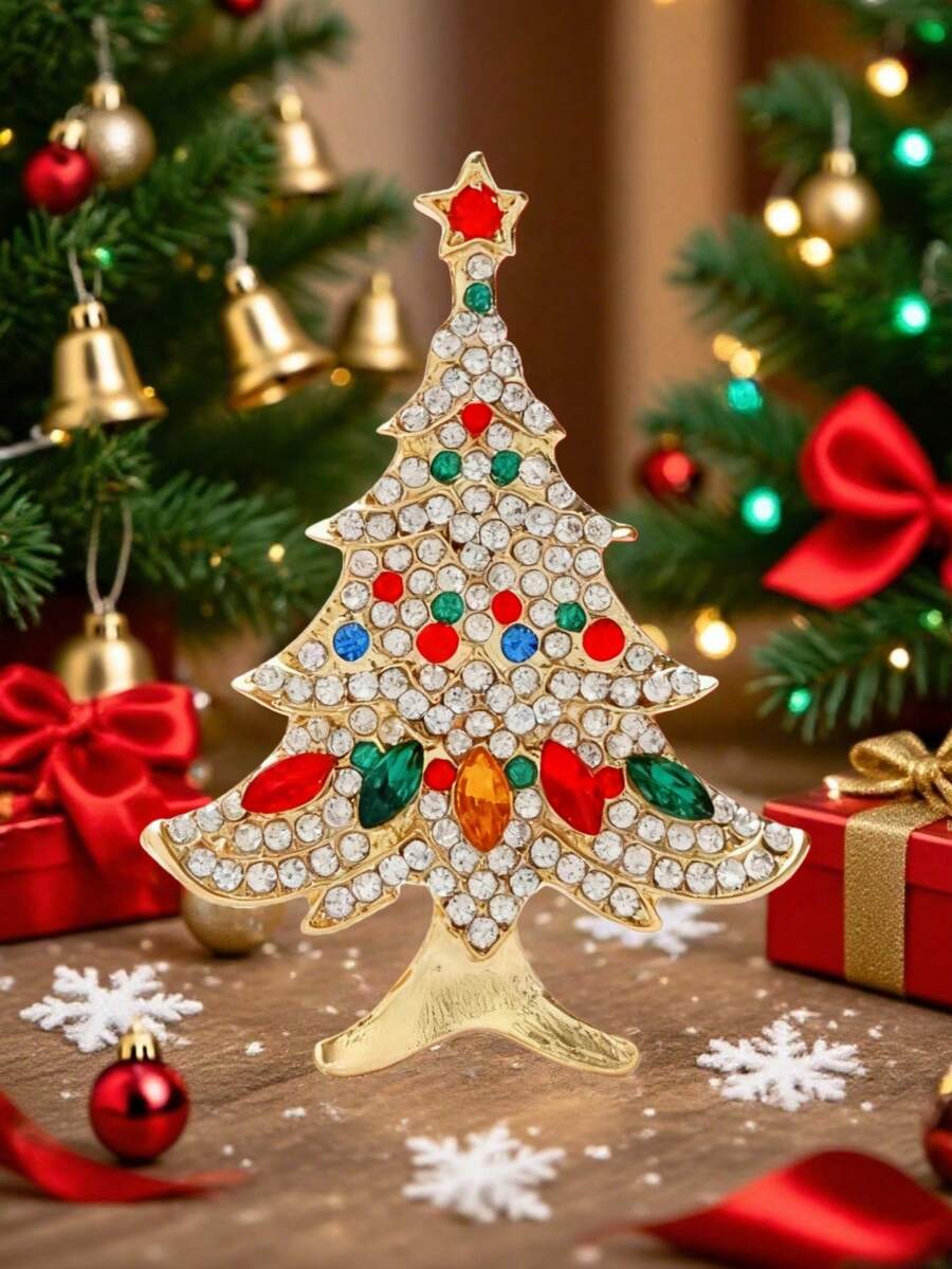 珐琅圣诞树胸针 - 男女通用节日配饰 - 独特的服装珠宝别针 - 金色 - 查看 1