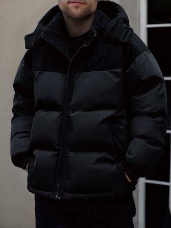 1 件男士灯芯绒拼接连帽棉服，适合日常休闲穿着，冬季棉服