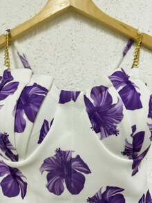 Cropped Top Blouse Thin Strap Chain With Mermaid Cup Fashion Blogger Retro Summer Party Beach Neoprene Suplex Strappy - Purple Mult - View 2
