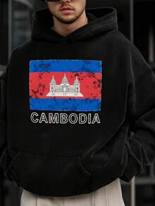 Men's Retro Cambodian Flag And Angolan Wata Pattern Hoodie - Retro Khmer Architecture Design, Loose Casual Pullover With Pockets, Warm Winter Travel Souvenir Gift, Unisex Machine Washable Hoodie, Suitable For Game Days - 黑色 - 查看 2