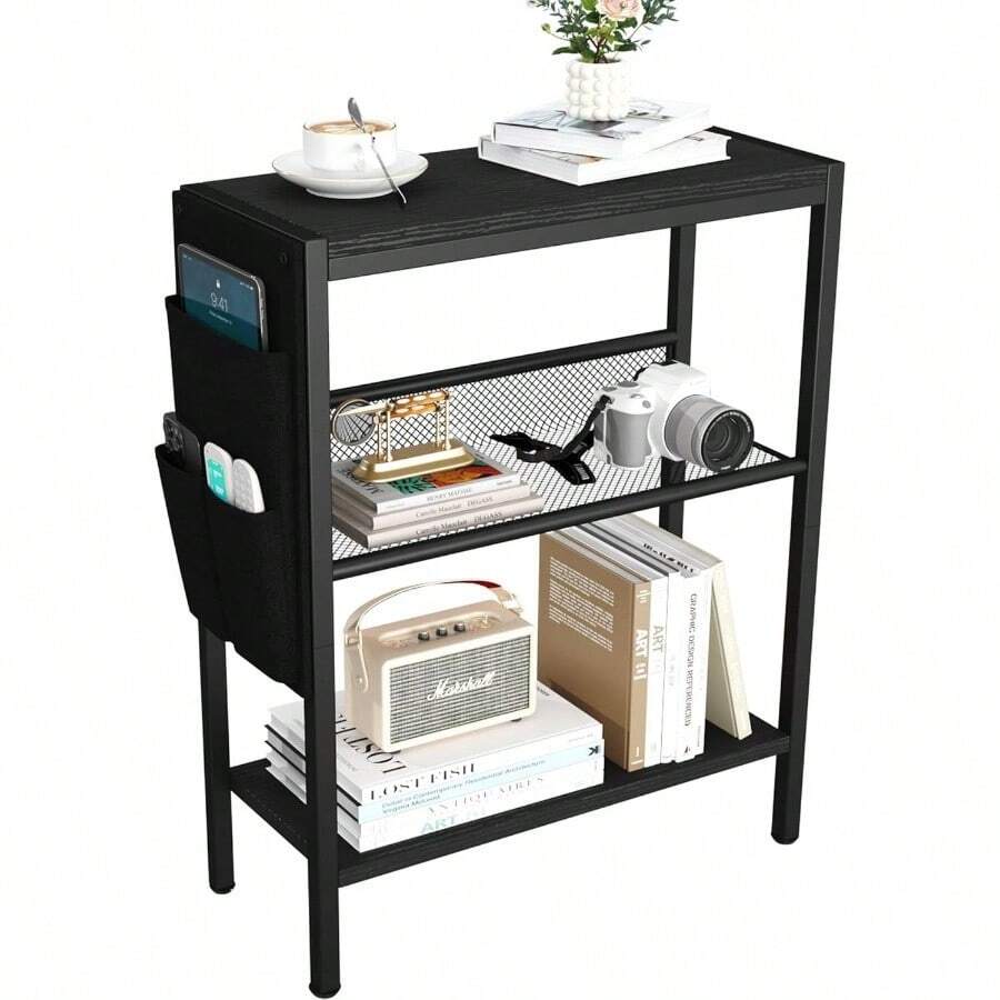 Small Narrow Side Table Small Spaces, Slim End Table With Storage Bag, Sofa Snack Table With Adjustable Metal Mesh, 3 Tier Accent Beside Table Living Room Bedroom, Rustic Brown