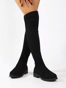 女式黑色及膝高筒靴，时尚个性化黑色性感弹力面料修身高跟过膝长靴