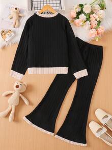2pcs/Set Girls Casual Colorblock Round Neck Sweatshirt + Butterfly Decor Loose Flare Pants, Comfortable Outfit For Outdoor Activities And Daily Wear, Suitable As Gift - Black - View 2