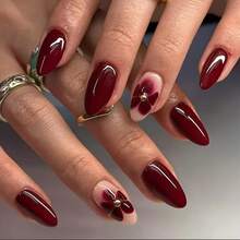 24pcs Short Press-On Nails |   Droplet Shape With Wine Red & Goldenenen Bead Floral Design, Glossy, Easy Application Daily Wear & Special Occasions, Includes Tools - 婦女和女孩 - 查看 10