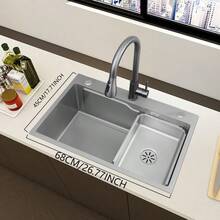 Kitchen Sink Drop In With Faucet - 65*45CM Waterfall Kitchen Sinks Topmount Stainless Steel - Grey - View 4