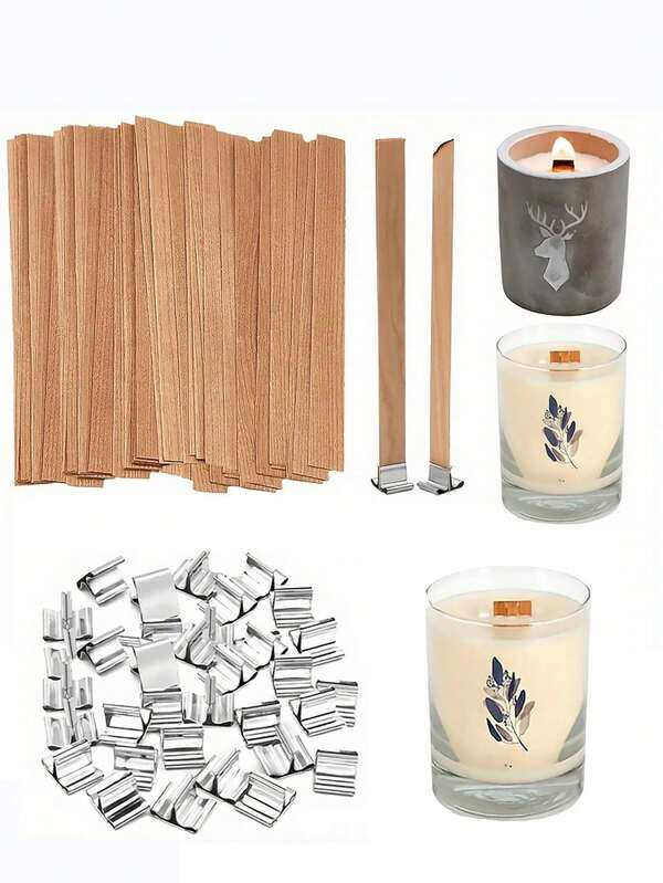 Diy Candle Making Kit Including Natural Wooden Wicks, Wooden Candle Wick & Base,Wooden Candle Wicks,Candle Making Accessory,Metal Holders And Glue Dots, Suitable For Handmade,Candle Making,Base Adhesive Stickers Suitable For Novices