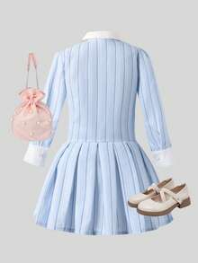 Vestido de manga larga y largo de estilo universitario elegante para niñas, versátil para niñas preadolescentes, nuevo diseño de pecho fruncido de moda de primavera/otoño, vestido midi con rayas delgadas y fruncido - Celeste - Ver 2