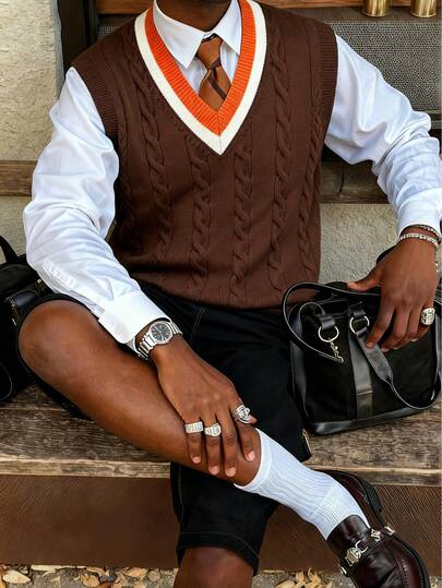 Men's Patchwork Collar Twist Floral Sleeveless Knit Vest