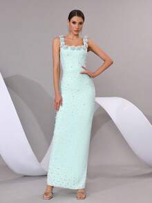 Nuevo vestido elegante de gala con cuello cuadrado, tirantes de espagueti y espalda descubierta, con decoración floral 3D hecha a mano, con perlas y cristales brillantes, vestido de vendaje maxi para mujer, adecuado para fiesta de cumpleaños, cena formal, carnaval, Pascua - Celeste - Ver 3