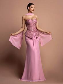 Faeriesty Style Elegant Sequin Strapless Mermaid Evening Gown – Heart-Shaped Neckline, Flowing Chiffon Skirt – Perfect For Wedding Receptions, Gala Dinners, Red-Carpet Events & Luxury Bridal Showers - Pink - View 8