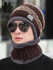 3pcs/Set Men's Outdoor Solid Color Thermal Lined Knit Beanie Hat, Neck Warmer & Gloves Set, Warm And Fashionable For Autumn/Winter Outdoor, Street, Daily Use