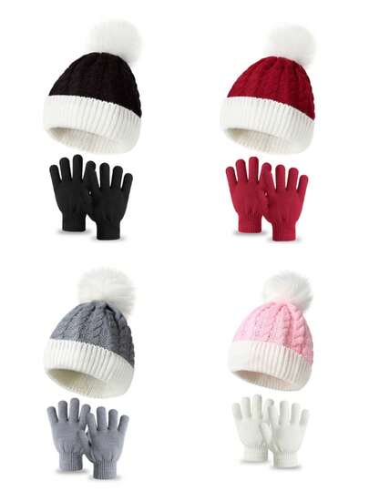 儿童圣诞针织帽和手套套装（2件套），保暖内衬，秋冬季