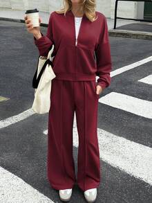 GAOVOT Bộ đồ nữ áo nỉ hai mảnh thu/đông thường ngày đi làm thường ngày đi chơi phố cổ đứng áo khoác cardigan và quần ống rộng ống đứng rộng rãi - Màu Đỏ Sâu - Xem 1