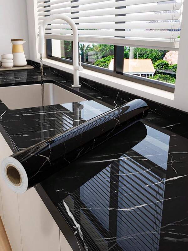 1 Roll Black Marble Self-Adhesive Oilproof Kitchen Wallpaper - Waterproof, Straight Match, Shapes And Stripes Pattern For Countertop, Cabinet, And Wall In Kitchen And Bath Wall Paper Wall Stickers Wall Decor Room Decor Bedroom Decor