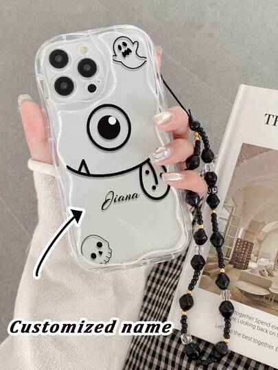 Funda protectora para teléfono personalizable con nombre y foto impresa, con acabado ondulado brillante en color crema y accesorio de pulsera con cuentas, compatible con iPhone 17pro/17Air /17/17promax16/11/16pro/16plus/16promax/16e/15Promax/13/14/12/XS/XR/7G/8P, Galaxy, Redmi