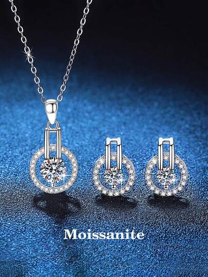 BLOVEMEE 3pcs 925 Silver 1.6ct Moissanite Earrings & Necklace Set, Elegant Fashion Jewelry Gift For Women, Suitable For Daily Wear, Party, Holiday, Valentine's Day, Mother's Day, Wedding Anniversary