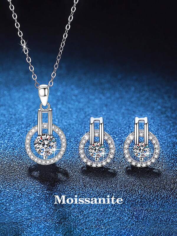 BLOVEMEE 3pcs 925 Silver 1.6ct Moissanite Earrings & Necklace Set, Elegant Fashion Jewelry Gift For Women, Suitable For Daily Wear, Party, Holiday, Valentine's Day, Mother's Day, Wedding Anniversary