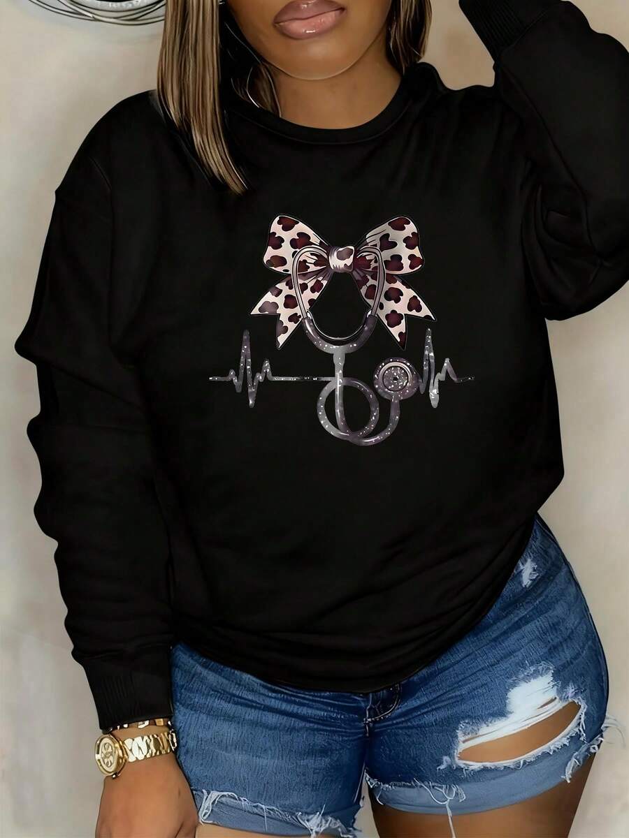 Plus Size Women's Long Sleeve Sweatshirt With Leopard Bow And Stethoscope ECG Print - Medical Nurse Gift For Women, Casual Wear For Work Or Everyday Style 550g - màu đen - Xem 1