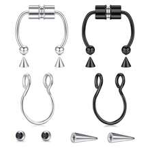 Longita Fake Piercings - Nose Ring, Eyebrow, Lip Ring, Labret Studs & More - Adhesive Face Jewelry{"Color_name":"51-Fakeseptum2styles-Silverblack"} - 51-Fakeseptum2styles-銀黑 - 查看 1