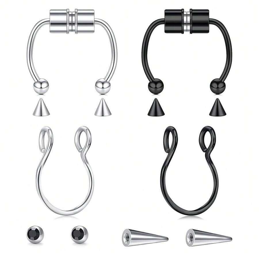 Longita Fake Piercings - Nose Ring, Eyebrow, Lip Ring, Labret Studs & More - Adhesive Face Jewelry{"Color_name":"51-Fakeseptum2styles-Silverblack"} - 51-Fakeseptum2styles-銀黑 - 查看 1