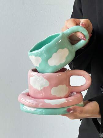1pc Fresh Ceramic Coffee Cup & Saucer Set, Large Capacity Minimalist Blue Sky White Cloud Hand-Painted Ceramic Cup With Coaster, Vintage Style Coffee/Afternoon Tea Tableware, Suitable For Spring Breakfast/Brunch And Gathering With Friends, Women's Coffee Cup, Commercial Use Or Gift