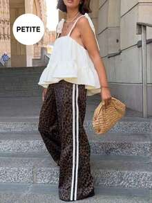 Petite Sexy Leopard Print Loose Women's Pants, Suitable For Travel And Casual Daily Wear, Elastic Waistband, Side Stripe Patchwork Wide Leg Trousers Spring - Brown - View 1