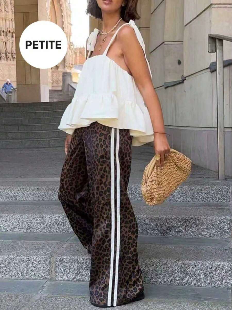 Petite Sexy Leopard Print Loose Women's Pants, Suitable For Travel And Casual Daily Wear, Elastic Waistband, Side Stripe Patchwork Wide Leg Trousers Spring - Brown - View 1