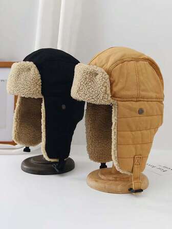 1pc Fleece Trapper Hat, Unisex Winter Outdoor Cycling Casual Ear Warmer Hat, Warm Windproof Aviator Pilot Earflap Hat, Thick Lining