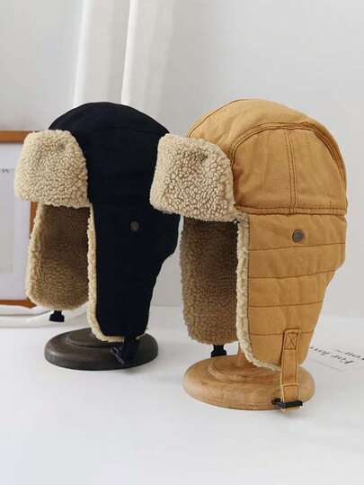 1 件羊毛捕手帽，男女通用冬季户外骑行休闲耳罩帽，保暖防风飞行员护耳帽，厚衬里