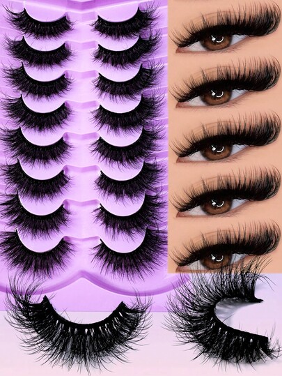 8 pares/1 caja de pestañas postizas rusas gruesas de efecto 5D, de aspecto natural, pestañas postizas, pestañas postizas, con efecto wispy, rizado en D, esponjosas, con efecto 3D, de ojos de gato, suaves, pestañas postizas falsas, paquete de 8 pares-008