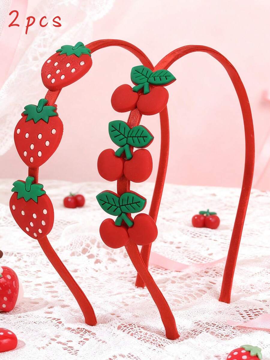 2pcs Girls Cute Strawberry And Cherry Hair Band Fashionable & Delicate Strawberry Decor Headband For Teen - Multicolor - View 1