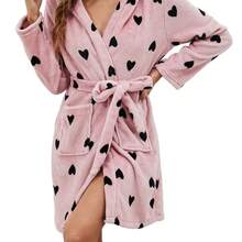 女士厚法兰绒心形印花浴袍（带腰带），适合家居和睡衣，秋冬季 - 彩色 - 查看 6