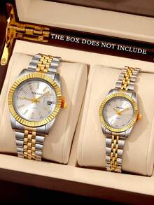 2pcs Fashionable Business Gentleman Men's Versatile Round Face Steel Strip Quartz Watch, Suitable For Couples' Weddings, Parties, Travels, And Daily Wear, Is The Best Gift For Men Or Women.