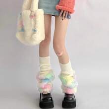 Y2K Subculture Korean Japanese Style Cold-Proof Leg Warmers Fake Two-Piece Colorful Furry Patchwork Handmade Knitted Mid-Calf Socks Suitable For Autumn And Winter Women's Leg Warmers - 彩色 - 查看 3