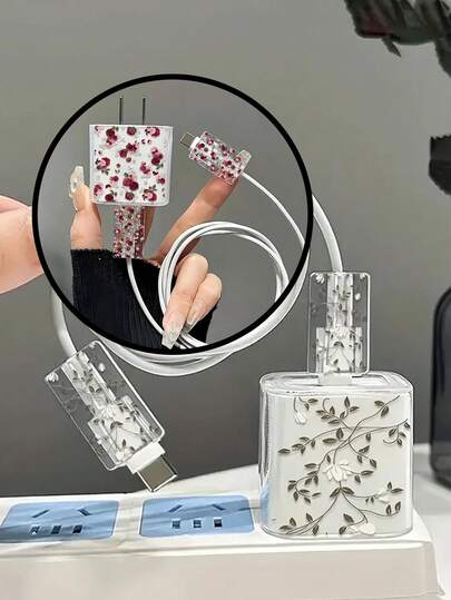 3pcs Set: 18/20W Charger Protective Case, Charging Cable Head Protector, White Flower/Rose Pattern Compatible With IPhone