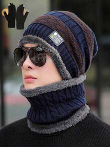 3pcs/Set Men's Outdoor Solid Color Thermal Lined Knit Beanie Hat, Neck Warmer & Gloves Set, Warm And Fashionable For Autumn/Winter Outdoor, Street, Daily Use