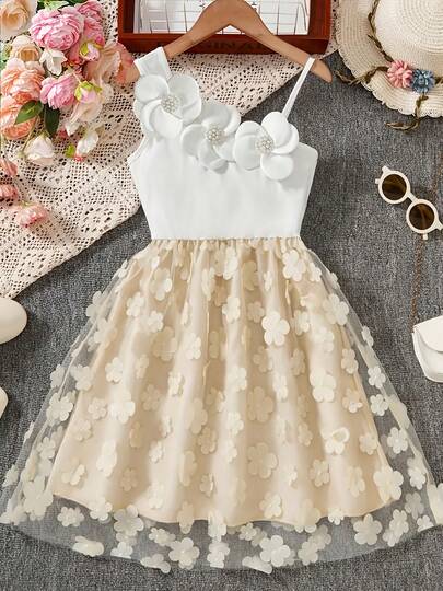 Vestido casual sin mangas de moda para niñas con superposición de malla bordada, decoración de flores de perlas, vestido de fiesta, atuendo de vacaciones, estilo escolar para la temporada de regreso a clases