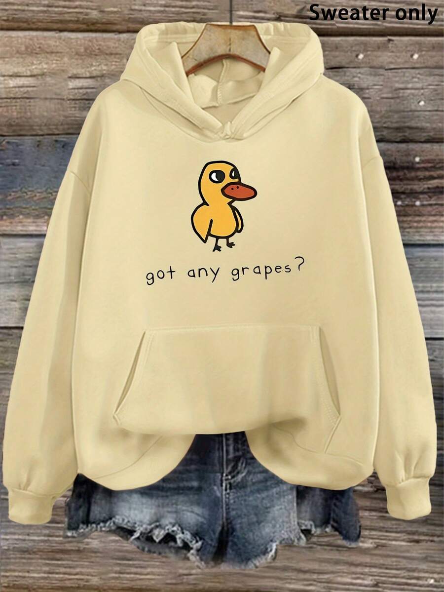 2025Women's Autumn Winter Casual Hoodie With Cute Duck & "Got Any Grapes?"Graphic Print, White Geometric Pattern Pullover, Front Pockets, Machine Washable Regular Fit Long Sleeve SweatshirtSoft And Breathable - Màu be - Xem 1