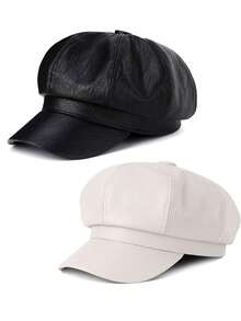 1pc Or 2pcs Unisex Solid Color Hat, Women PU Leather Octagonal Hat, Retro British Style Beret Hat, Versatile For Autumn/Winter, Suitable For Daily Outfit Matching