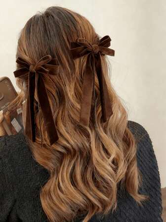 2pcs Hair Bow Clips With 2 Layers Ribbon Tails, Suitable As Christmas Gift And Wear, Fall/Winter Hair Accessories For Girls & Women, Hair Slide, Hair Barrettes