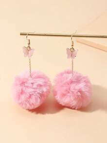 1pair Fashionable Cute Pink Velvet Ball & Butterfly Dangle Earrings, Party Accessories For Women - Pink - View 8